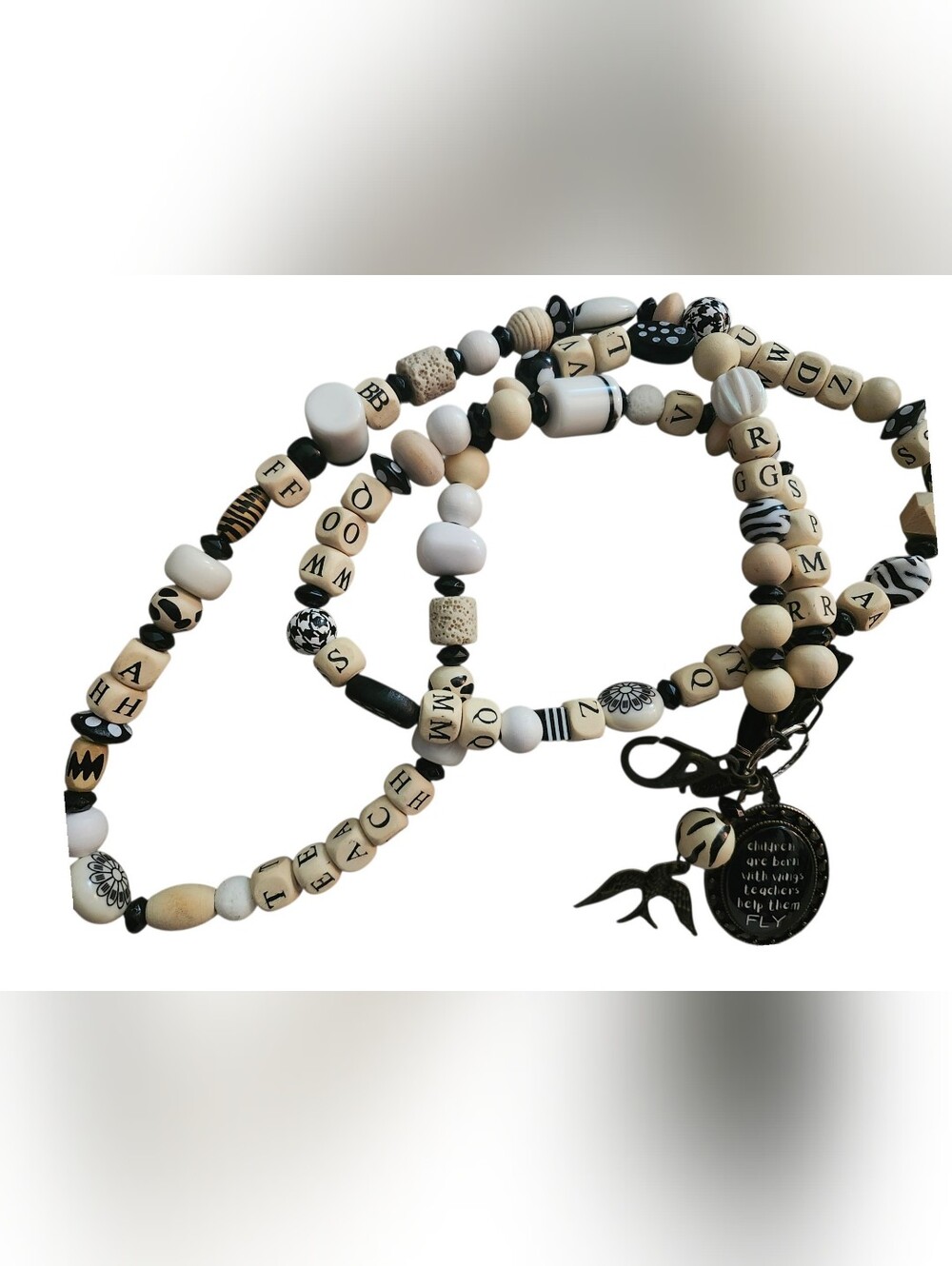 Teacher NEW Beaded Black & Cream Letter Charm Lanyard